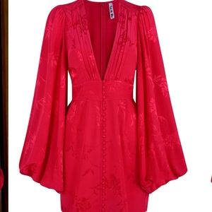 Red puff sleeve plunge dress